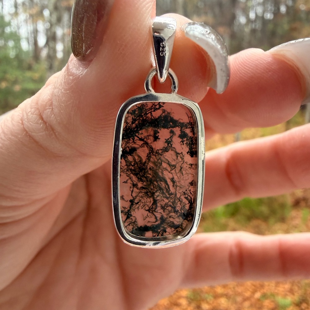 Moss Agate 925 Sterling Silver Rectangular Pendan… - image 2